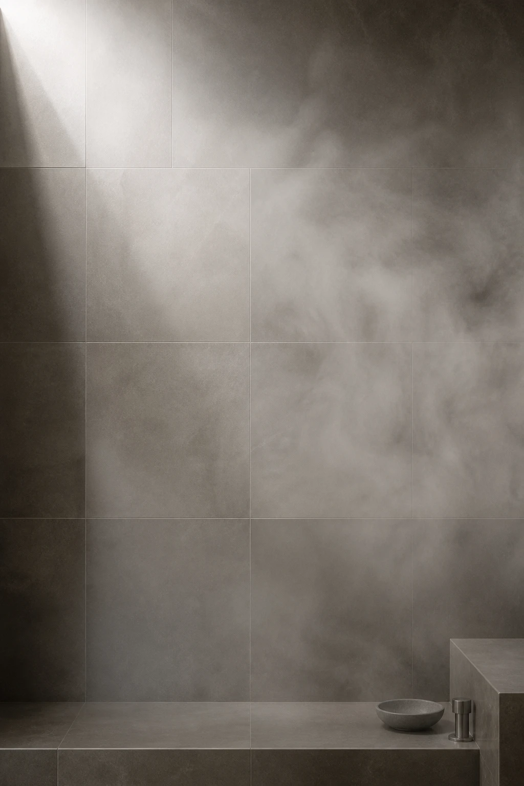 Soft grey tiled bathroom wall with gentle steam