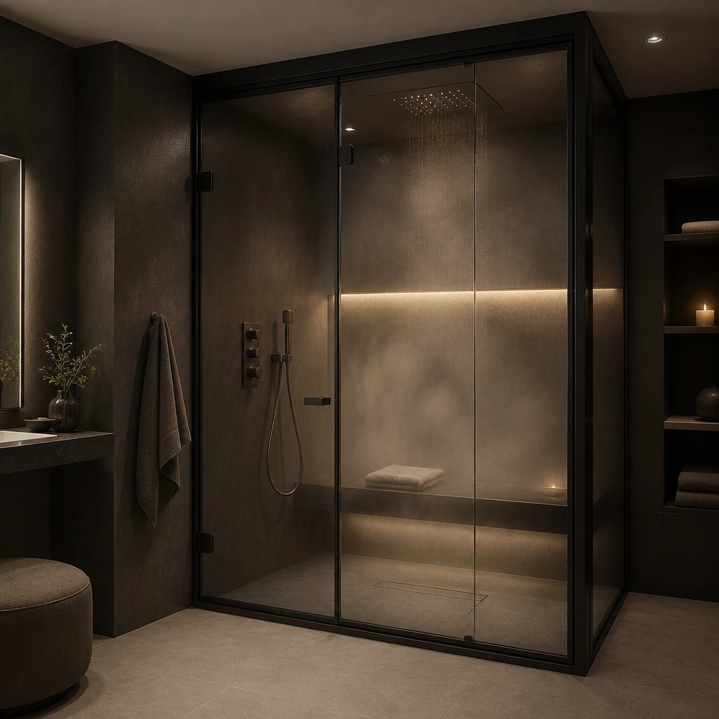Dark glass steam cabin with warm interior lighting